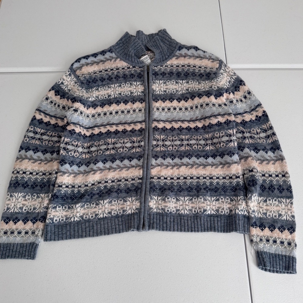 Heirloom Collectibles Vintage Fair Isle Full Zip Sweater Grey Blue Cotton XL gf